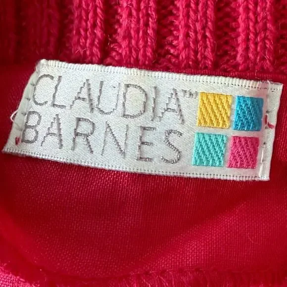 Vintage Claudia Barnes Chunky Knit V-Neck Sweater Size Large Red Gold - Picture 4 of 8